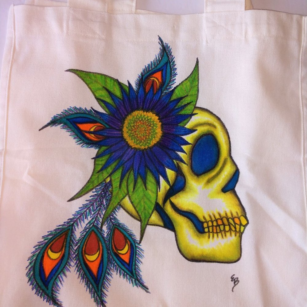 Hand-Painted Skull Tote Bag: Blue Sunflower & Peacock Feathers 14x13x7